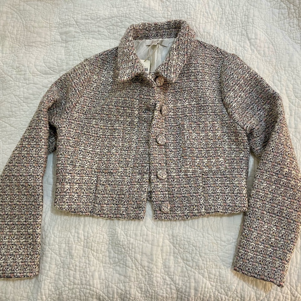 anthropologie flat white tweed cropped jacket